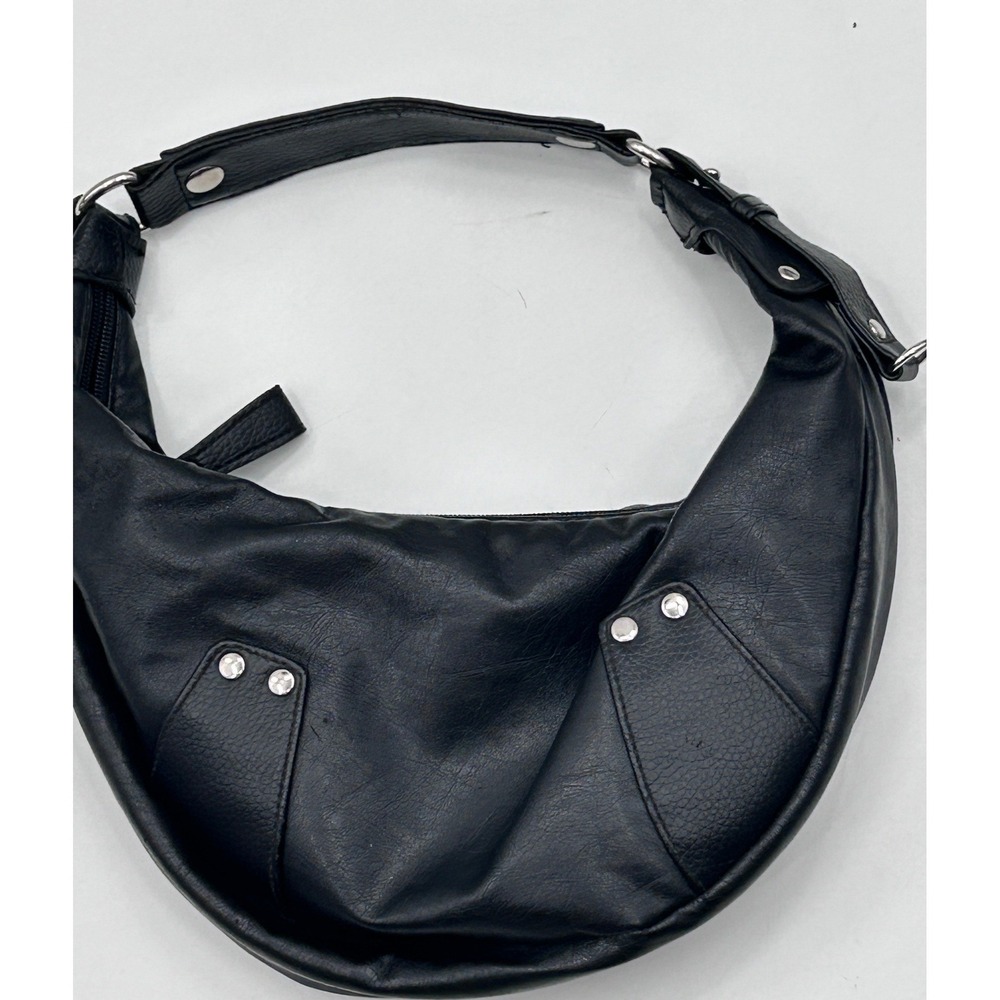Black Faux Leather Crescent Hobo Shoulder Bag Silver Stud Accents Y2K Style - Picture 3 of 7